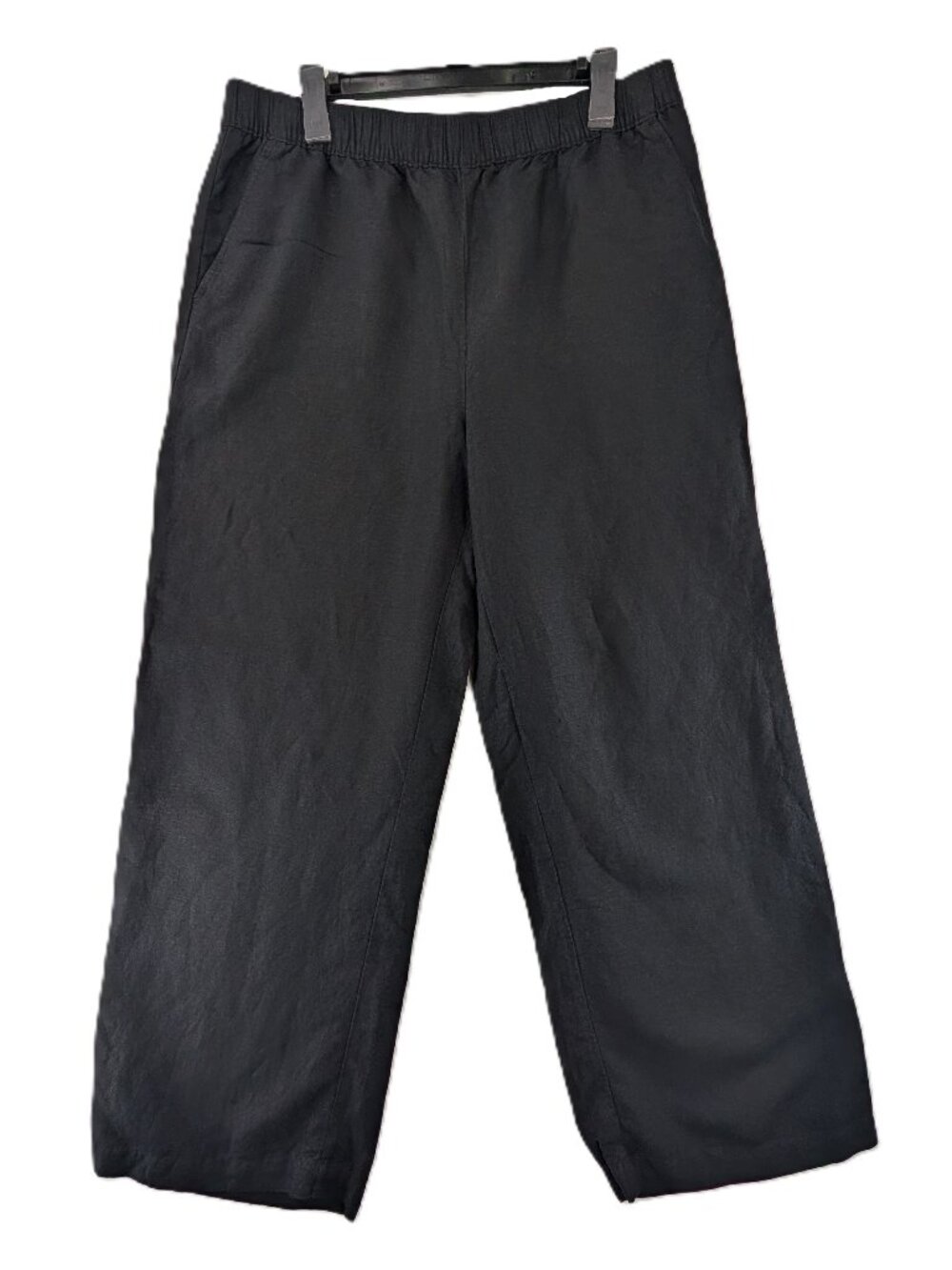 Loft Pants Womens Sz Large Linen Blend Black Wide Leg Pull-on Pockets 29" Inseam